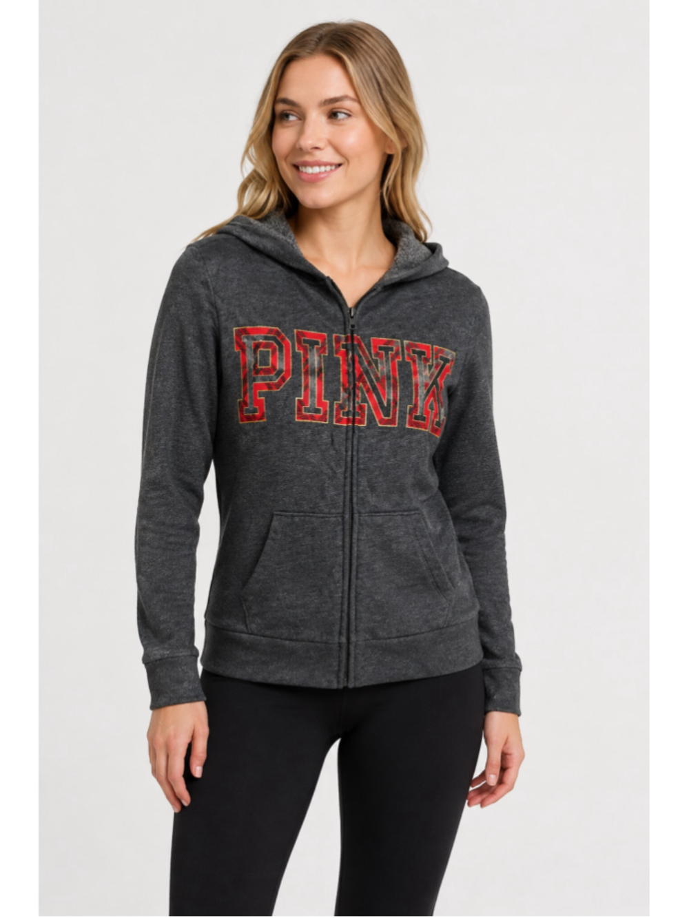 Women's Victoria's Secret PINK Zip-Up Hoodie, Size M, Grey and Red